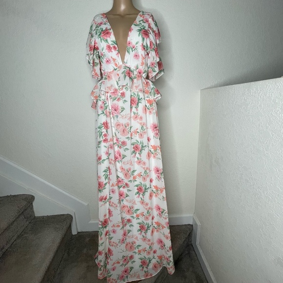 Lovecolette Floral Maxi Dress Size L Ruffled Tie Back Multicolor Full Lined - Picture 1 of 15